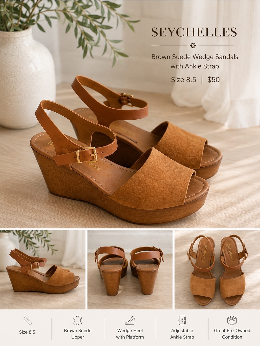 Brown Suede Sandals with Ankle Strap